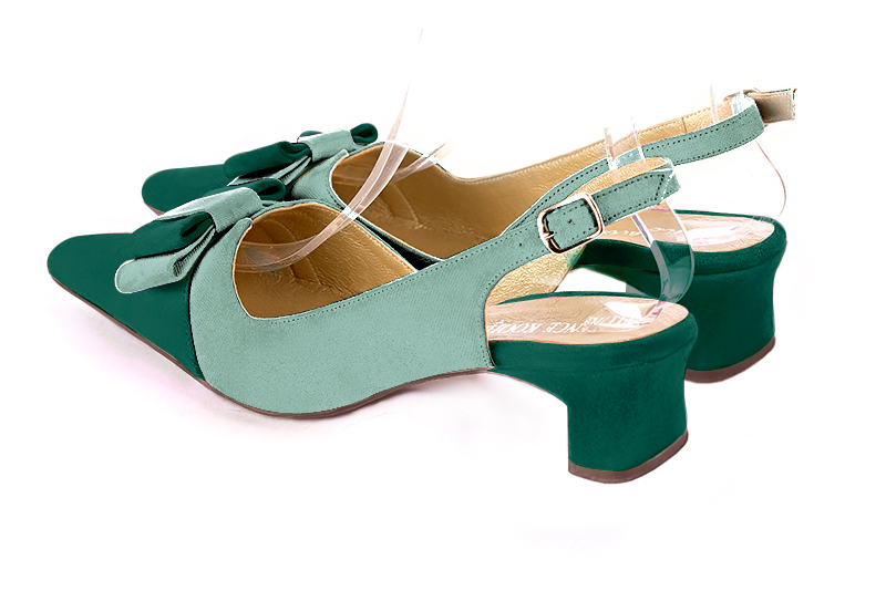 Forest green women's open back shoes, with a knot. Tapered toe. Low kitten heels. Rear view - Florence KOOIJMAN